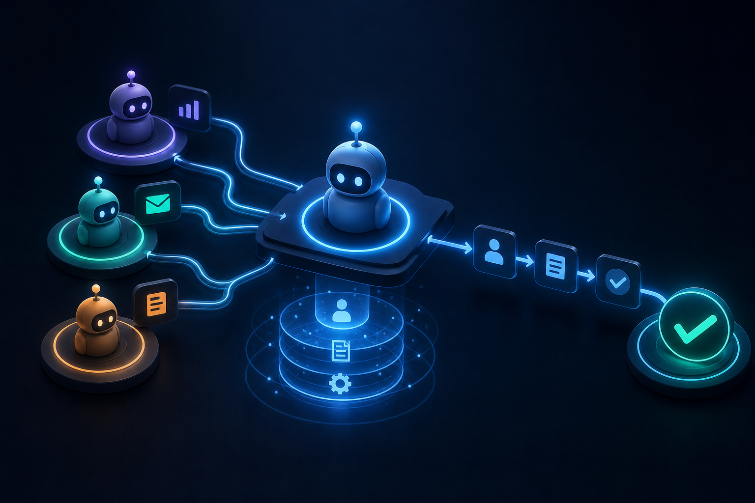 Diagram showing multiple AI agents connected by arrows in a coordinated workflow with a central orchestration layer