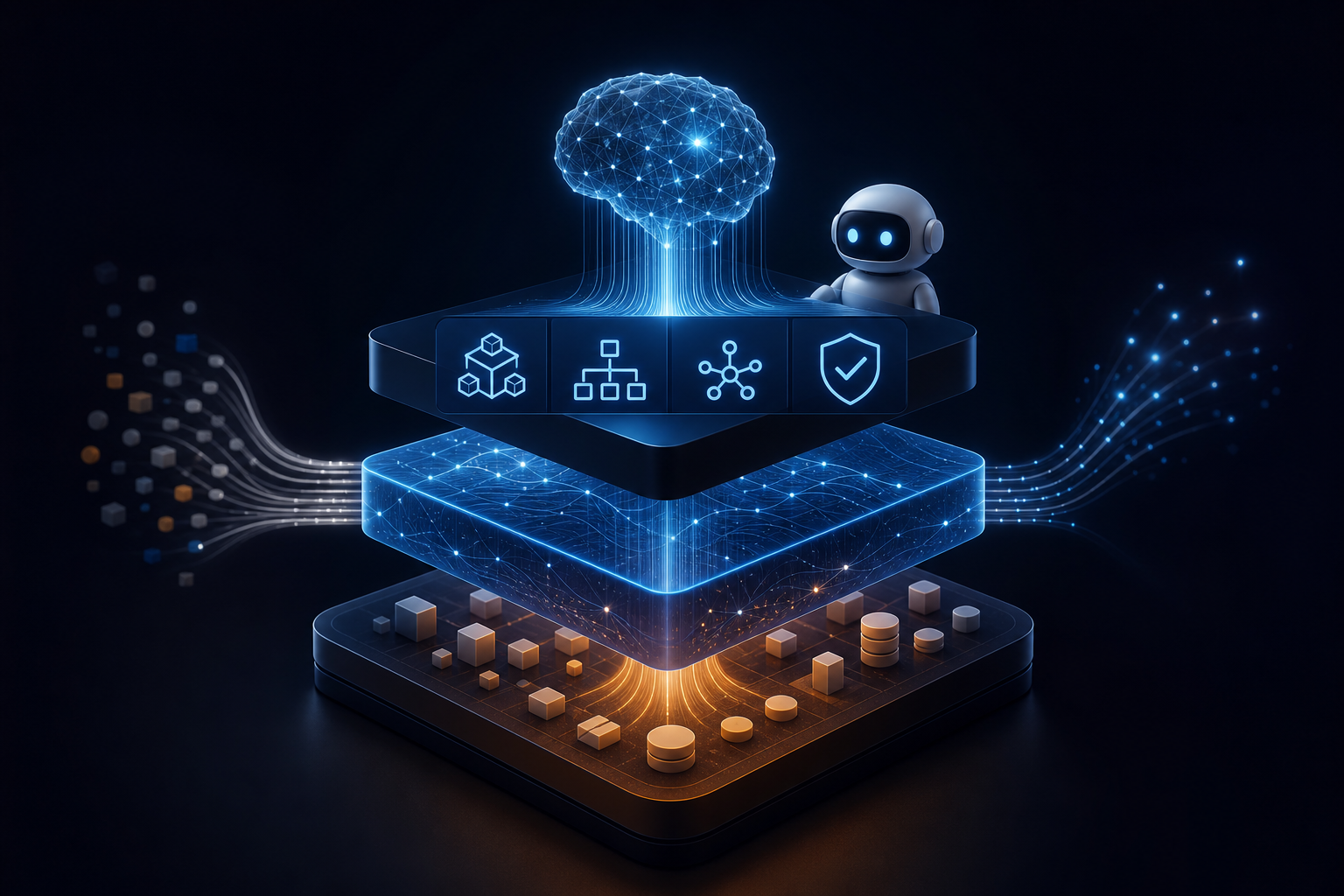 Diagram showing three tiers with raw data at the bottom, the AI context layer in the middle, and AI agents at the top