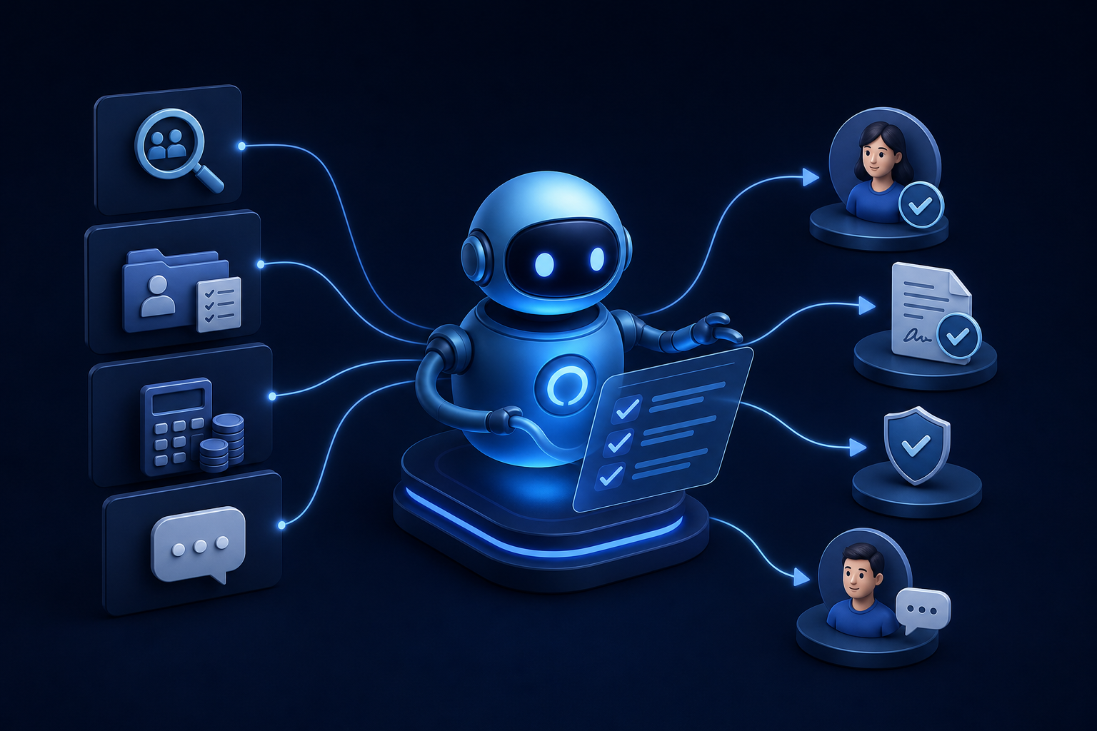 Illustration of an AI worker handling HR tasks such as recruiting, onboarding, payroll checks and employee questions