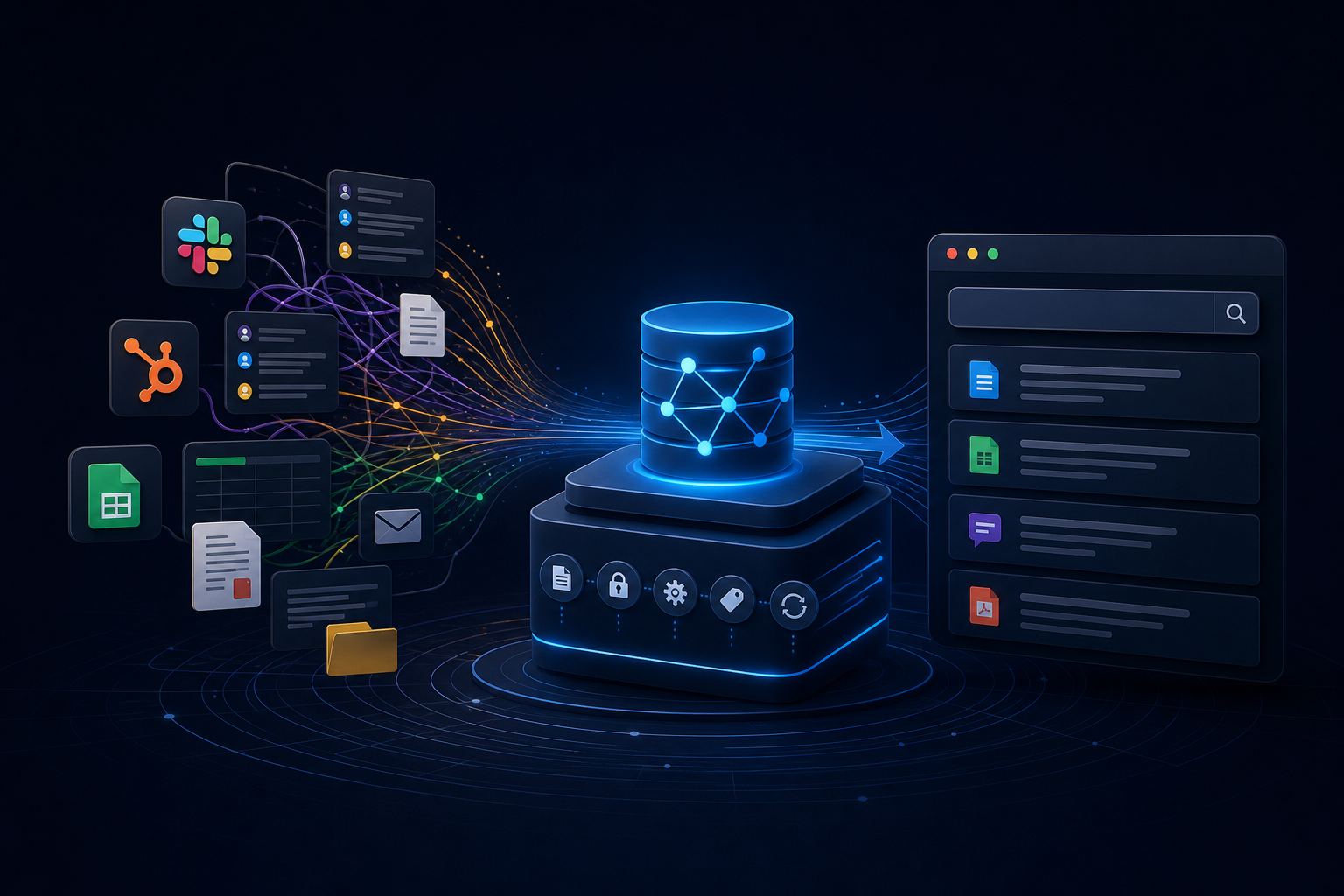 A glowing network diagram connecting business app icons like Slack, HubSpot, and Google Sheets into a single central node