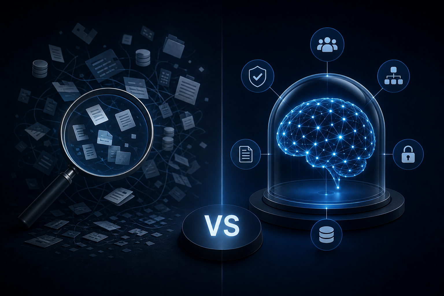 Comparison diagram showing enterprise AI search retrieval versus a governed company brain knowledge architecture