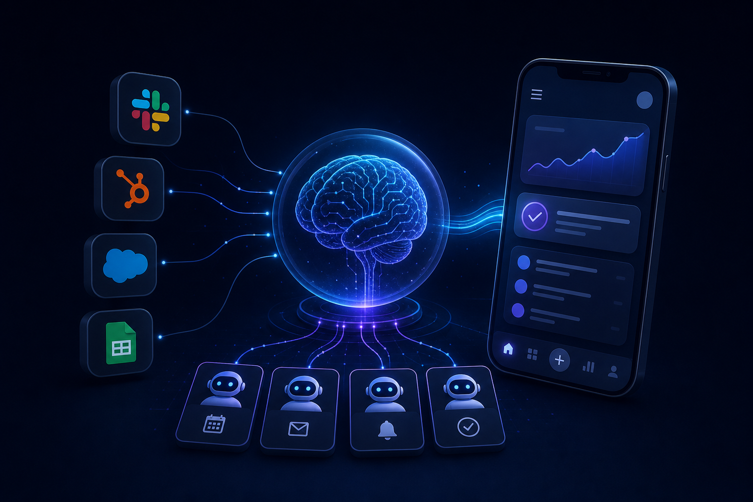 A mobile app interface displayed on a smartphone alongside visual data connections representing AI and business tool