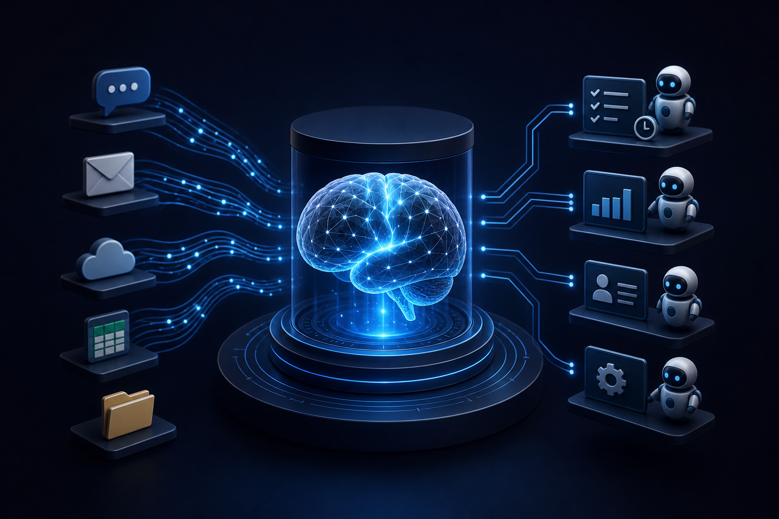 A glowing neural network diagram overlaid on a desk with multiple open business software dashboards on a monitor