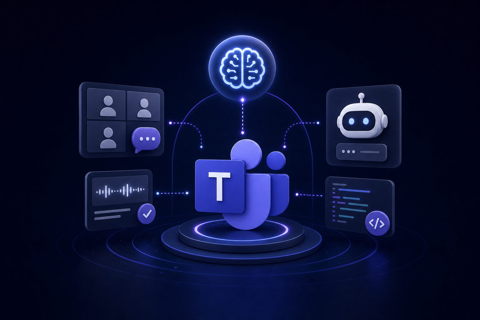Microsoft Teams AI integration dashboard showing Copilot meeting notes and a custom agent chat interface inside Teams