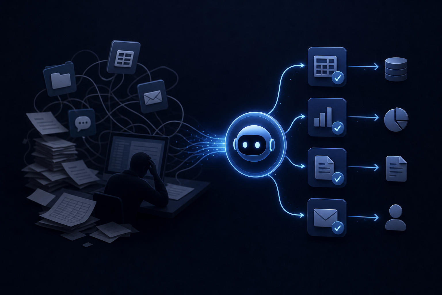 Diagram showing an AI agent autonomously moving tasks through connected business tools like a CRM, inbox, and spreadsheet
